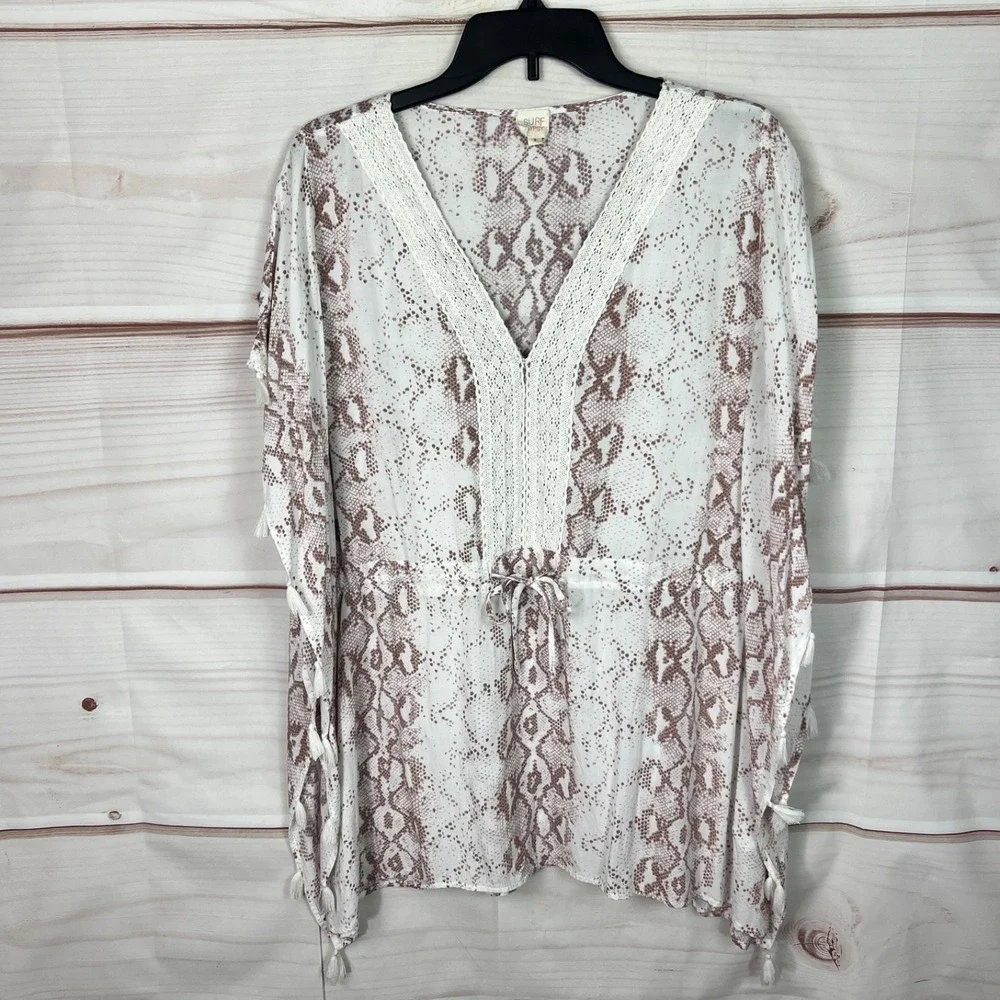 Surf Gypsy Top Women Small White Snakeskin Cover Up Drawstring Tassels Lace Trim